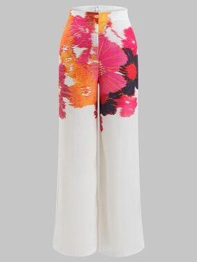 Wide-Leg Floral Print Palazzo Pants - White with Pink & Orange